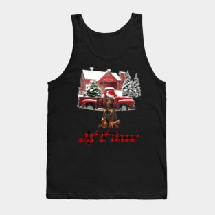 Doberman Let It Snow Tree Farm Red Truck Christmas Tank Top